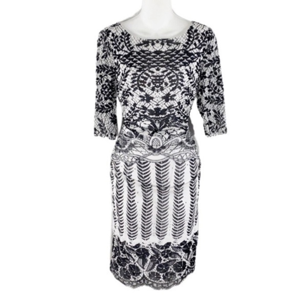 Kay Unger lace print mesh bodycon dress Medium M RR25